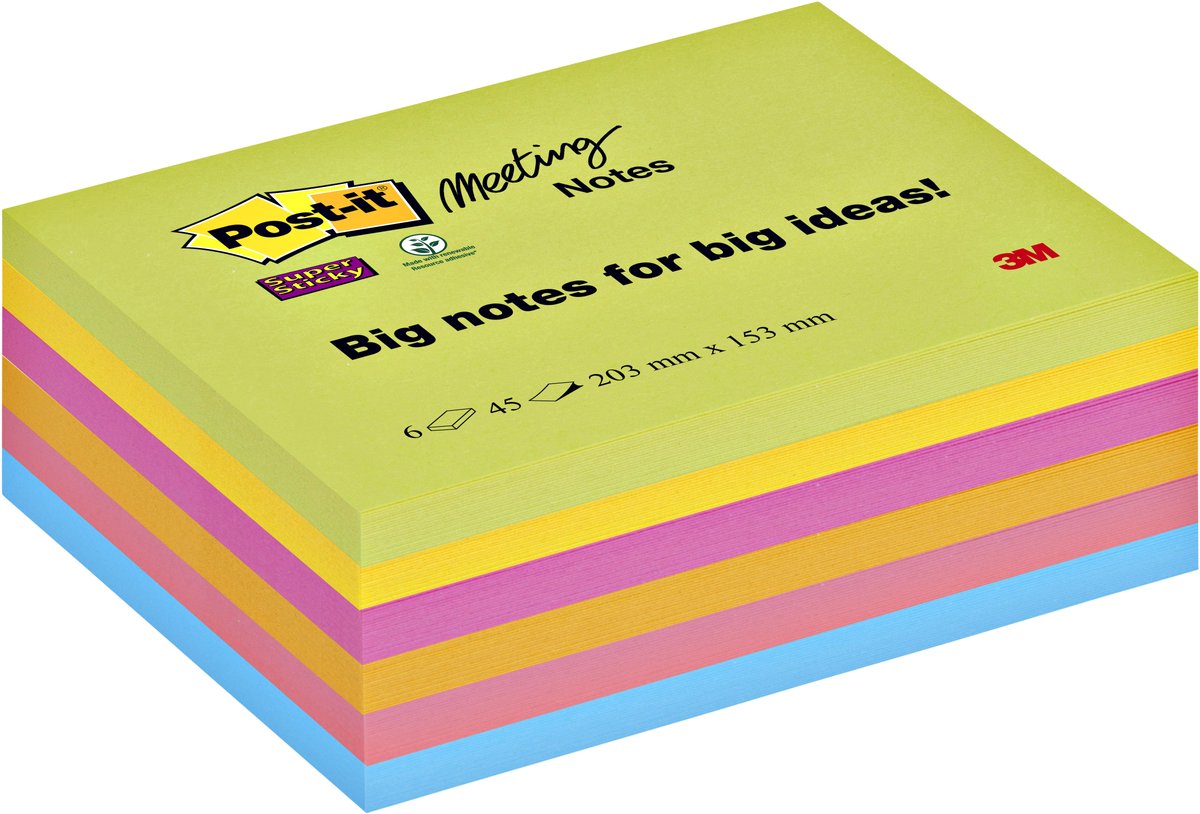 Post-it Haftnotiz Meeting Notes 203x152mm 45 Blatt neonfarben VE=6 Blö