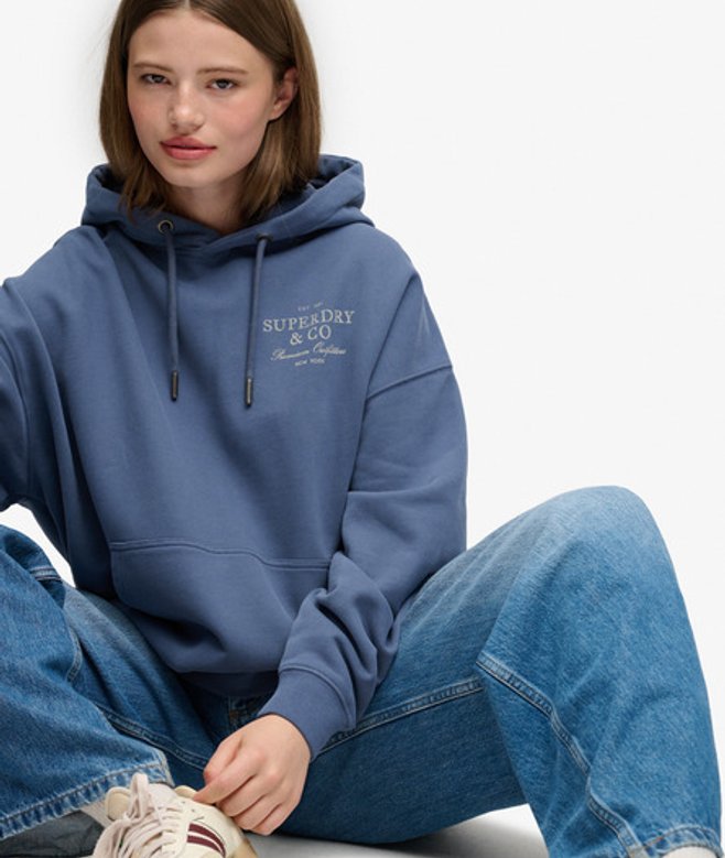 Superdry Damen Luxe Casual Kapuzenpullover Lockere Passform Blue - Größe: 38