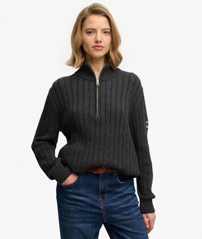 Superdry Damen Zopfmuster-pullover mit Reißverschluss Dark Grey - Größe: 44
