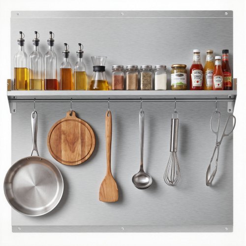 VEVOR 76x76 cm Stainless Steel Backsplash for Stove, Ultra Flat Splatter Guard with Storage Shelf & Hanging Rack, Wall Shield Range Hood Panel, Easy Clean, Pre-Drilled Holes for Easy Installation