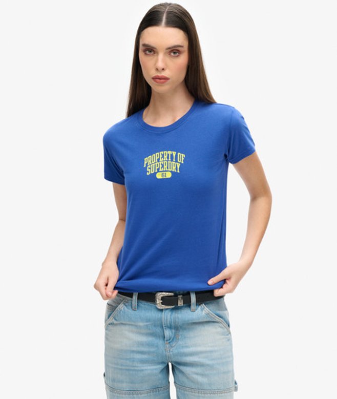 Superdry Damen Blau und Gelb Tailliertes Super Athletics T-Shirt, Größe: 40