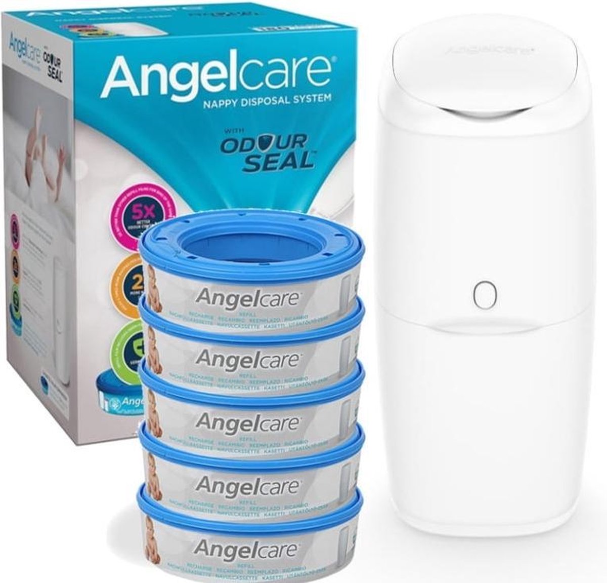 Angelcare, Classic Windeleimer, weiß, 1 Stück + Nachfüllung, 5 Stück