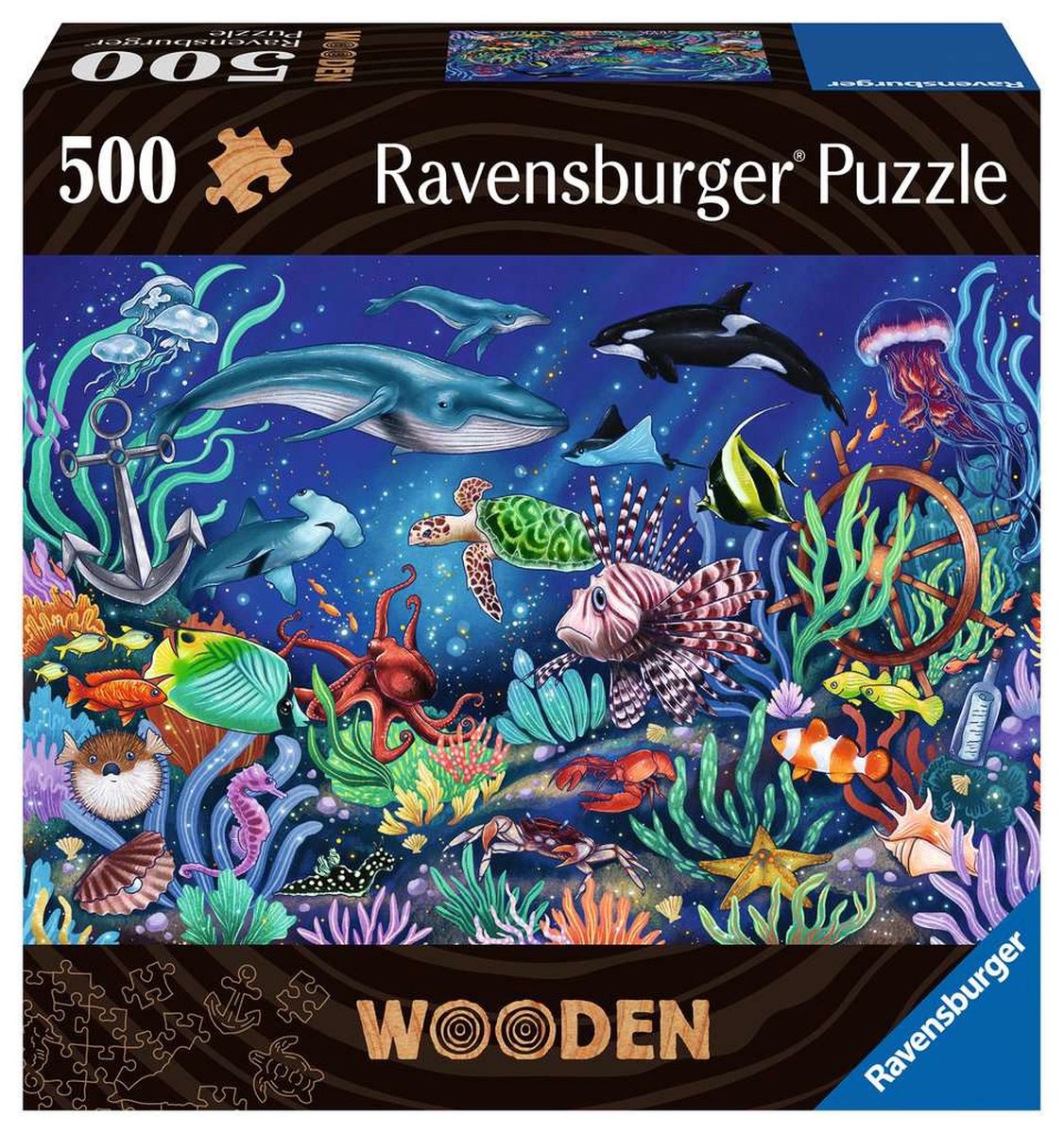 Rechteckiges Holzpuzzle mit 500 Teilen Ravensburger Monde marin coloré