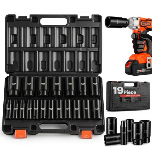 VEVOR Impact Socket Set, 1/2" 19 Piece Impact Sockets, Deep Socket, 6-Point Sockets, 1/2" Drive Set 3/8" to 1-1/2", Cr-V Rugged Construction, Easy to Identify, with a Sturdy Storage Case, for Vehicles