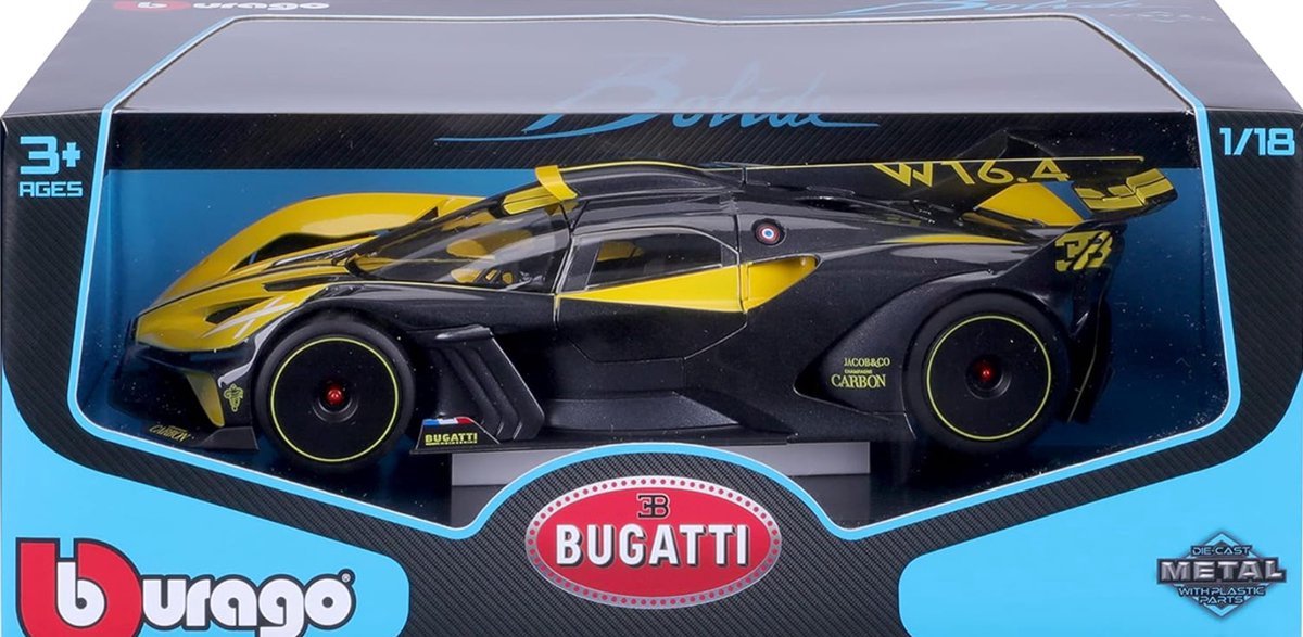 Bugatti Bolide W16.4 Baujahr 2020 gelb / carbon 1:18 Bburago