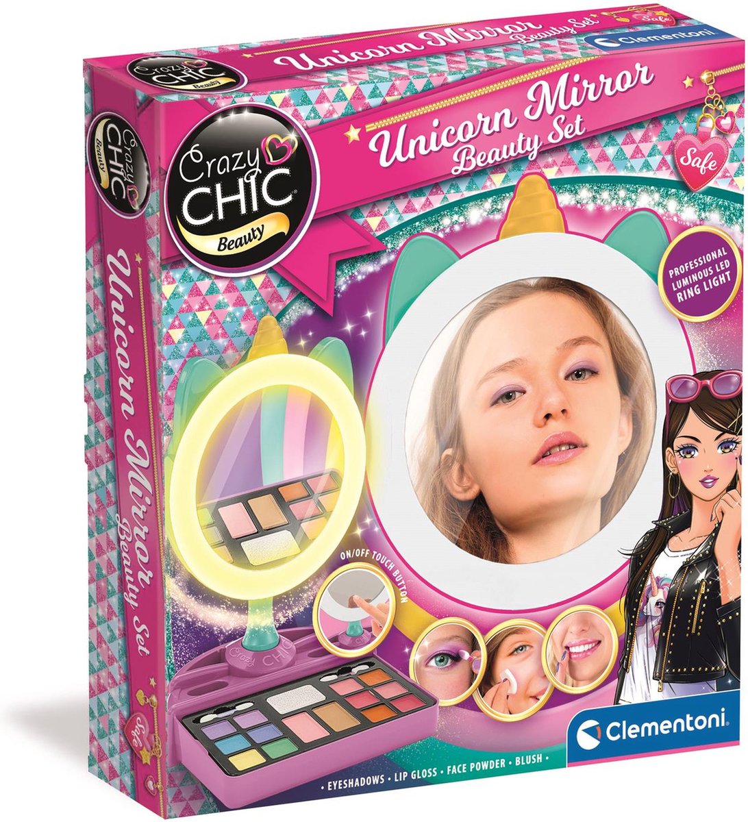CLEMENTONI - Einhorn Schminkspiegel - Ringlicht - Make-up und Haar- und Nagelzubehör - Ab 7 Jahren