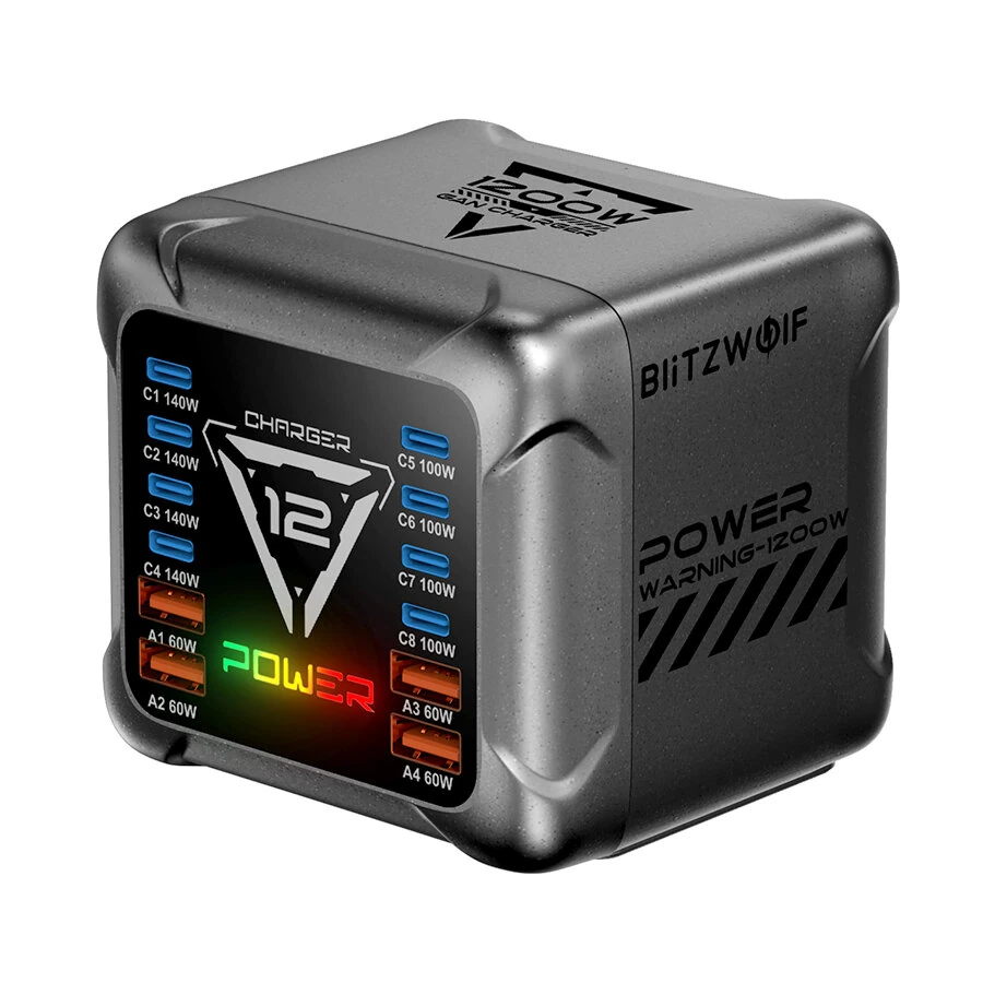 [GaN Tech] Blitzwolf® BW-S36 1200W 12 Ports USB PD Ladestation LED-Licht 8USB-C+4USB-A QC PD Schnelles Laden Desktop-Lad