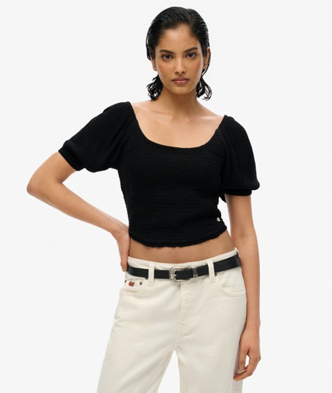 Superdry Damen Schwarz Gesmoktes Oberteil aus Webstoff, Größe: 42