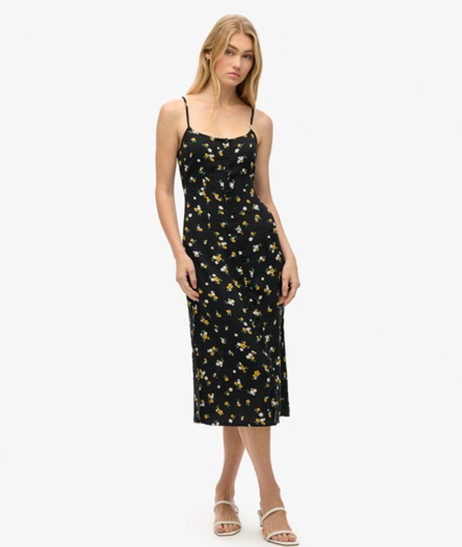 Superdry Damen Bedrucktes Midi-trägerkleid mit Knopfleiste Schwarz - Größe: 38