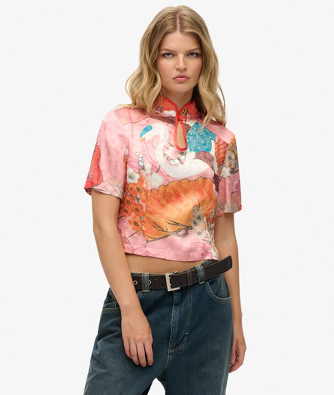 Superdry Damen Jacquard-oberteil mit Mandarinkragen Pink - Größe: 38