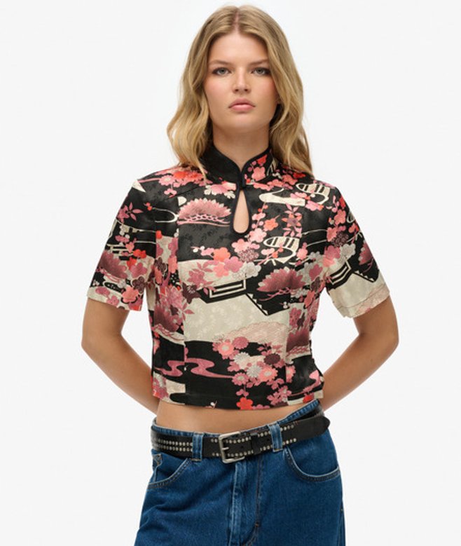 Superdry Damen Jacquard-oberteil mit Mandarinkragen Pink - Größe: 36