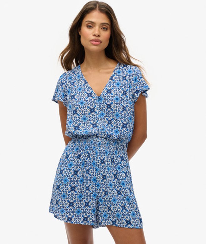 Superdry Damen Kurzärmeliger Playsuit mit Print Blue - Größe: 44