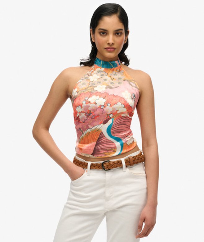 Superdry Damen Jacquard-oberteil mit Nackenträger Pink - Größe: 44