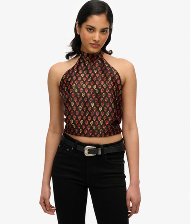 Superdry Damen Jacquard-oberteil mit Nackenträger Black - Größe: 42