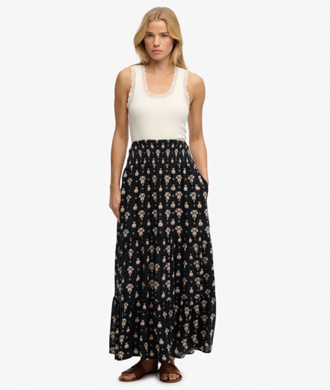 Superdry Damen Print Maxirock Black - Größe: 42