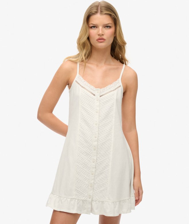 Superdry Damen Trägerkleid mit Knopfleiste und Spitze White - Größe: 40