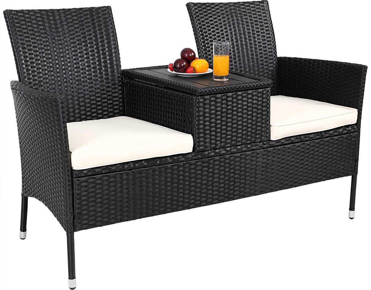 Ławka ogrodowa stolik polirattan 143x64x88cm czarny