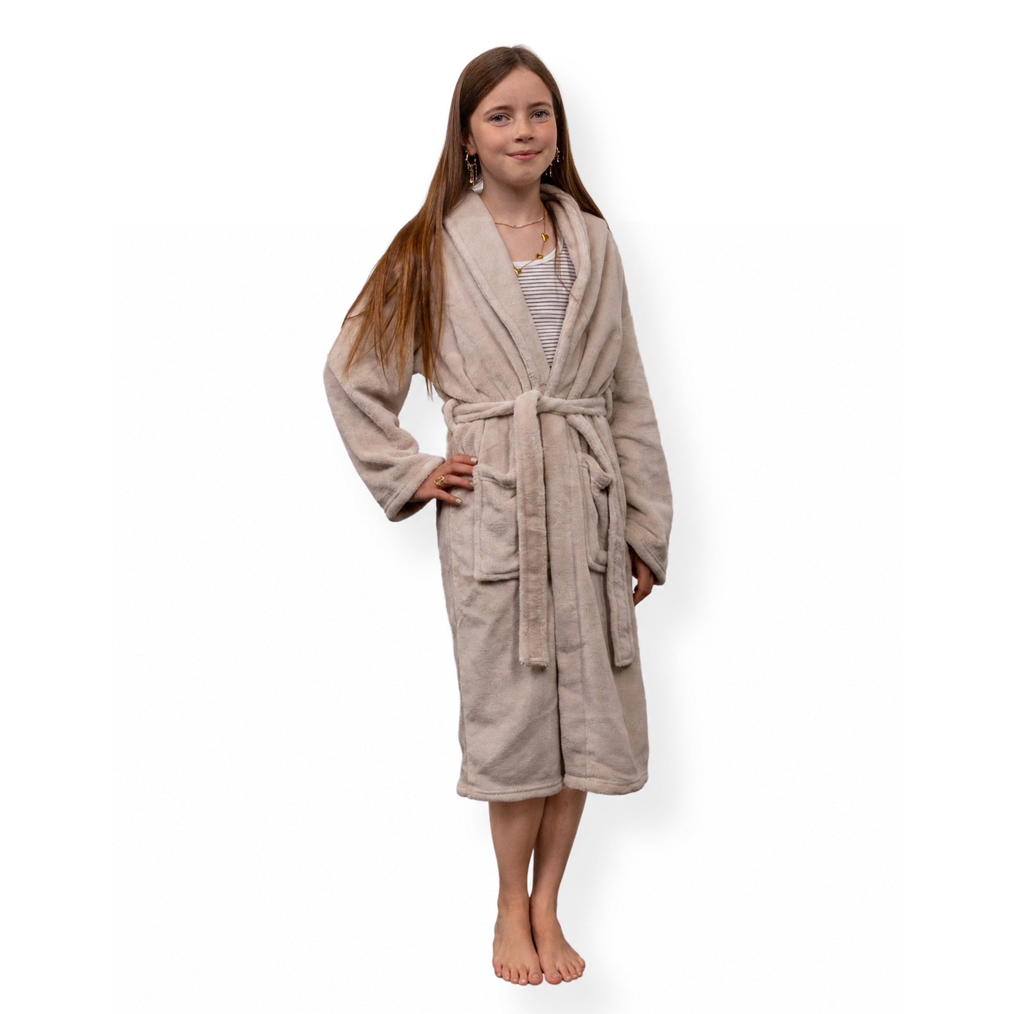 Kindermorgenmantel Gr. 12-14 Jahre - weicher Fleece-Kinderbademantel - Sand