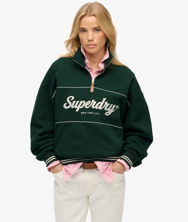 Superdry Damen Country Club Sweatshirt mit Halbreißverschluss Green - Größe: 42