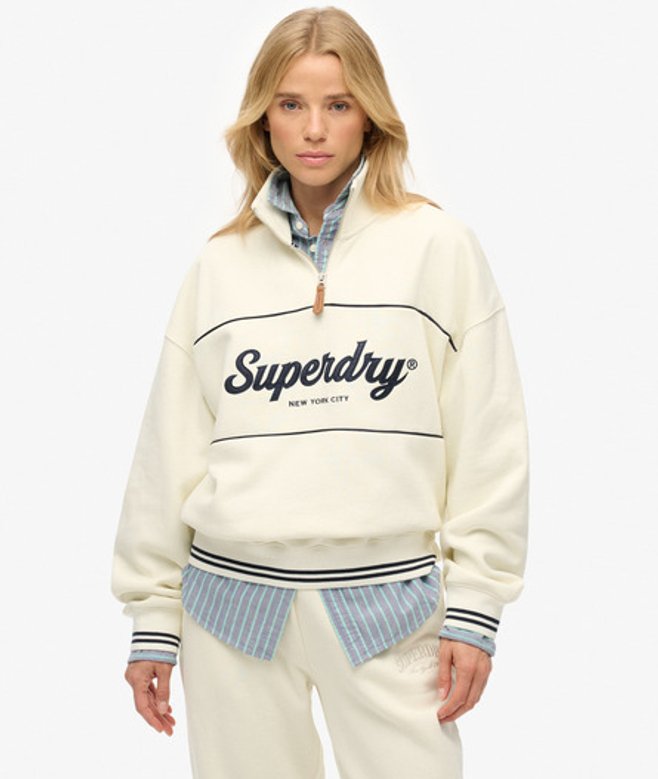Superdry Damen Country Club Sweatshirt mit Halbreißverschluss White - Größe: 38