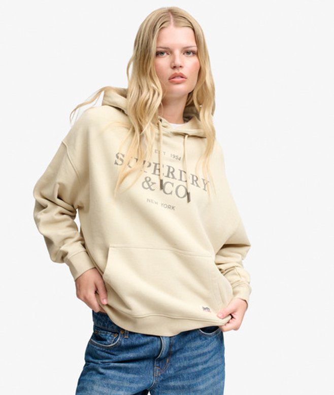 Superdry Damen Luxe Casual Kapuzenpullover Lockere Passform Beige - Größe: 42