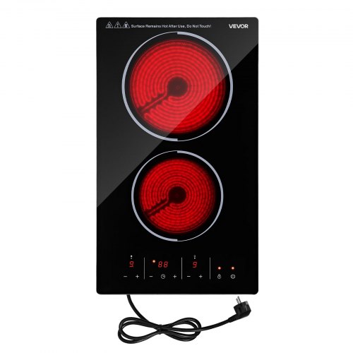 VEVOR Electric Cooktop 30cm 2 Burners Portable Stove Top 3000W 220V, Ceramic Countertop/Built-in Radiant Electric Stove, with 9 Power Levels, Timer, Child Lock, Over-Heat Guard, Touch Control