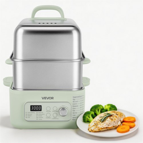 VEVOR Elektrisk ångkokare 13L 2-våningar i rostfritt stål för 3-6 portioner, 1500W grönsaks- och måltidsångkokare för matlagning med 9 förprogrammerade inställningar, varmhållning, för grönsaker, skaldjur och ris, grön