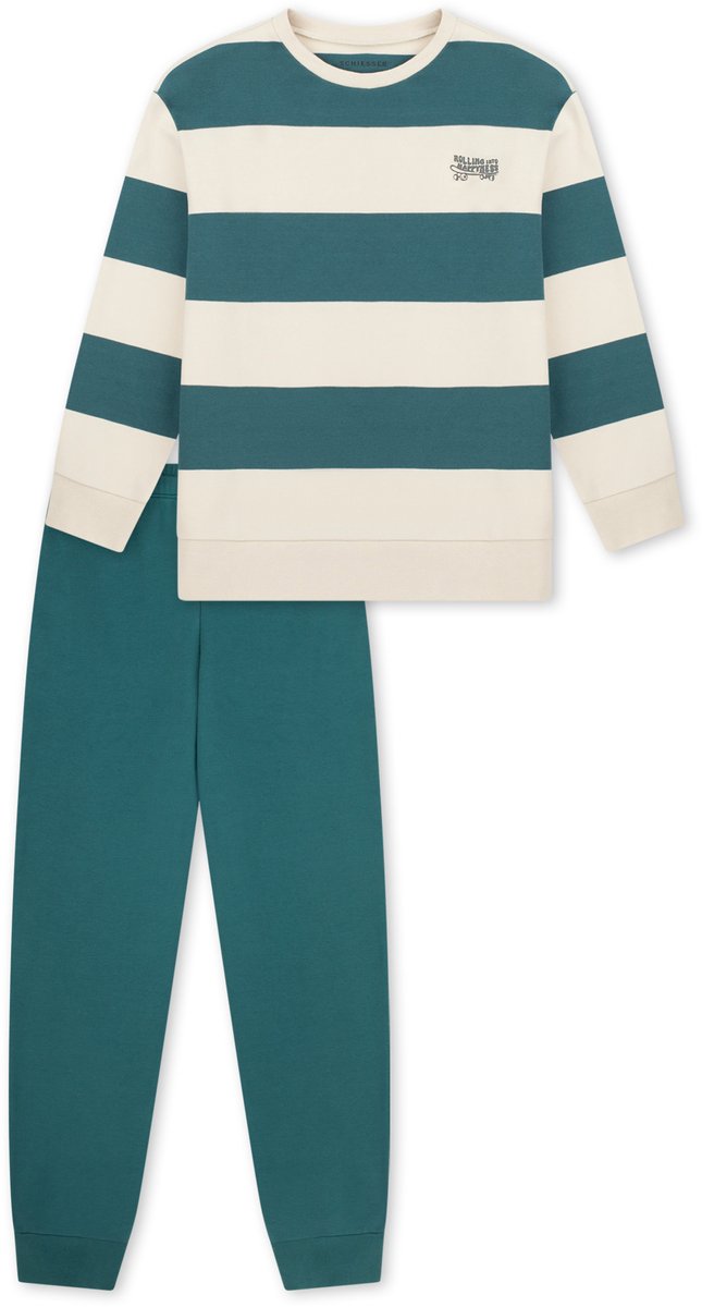 Schlafanzug lang Interlock Bündchen Ringel tiefseegrün - Nightwear 152