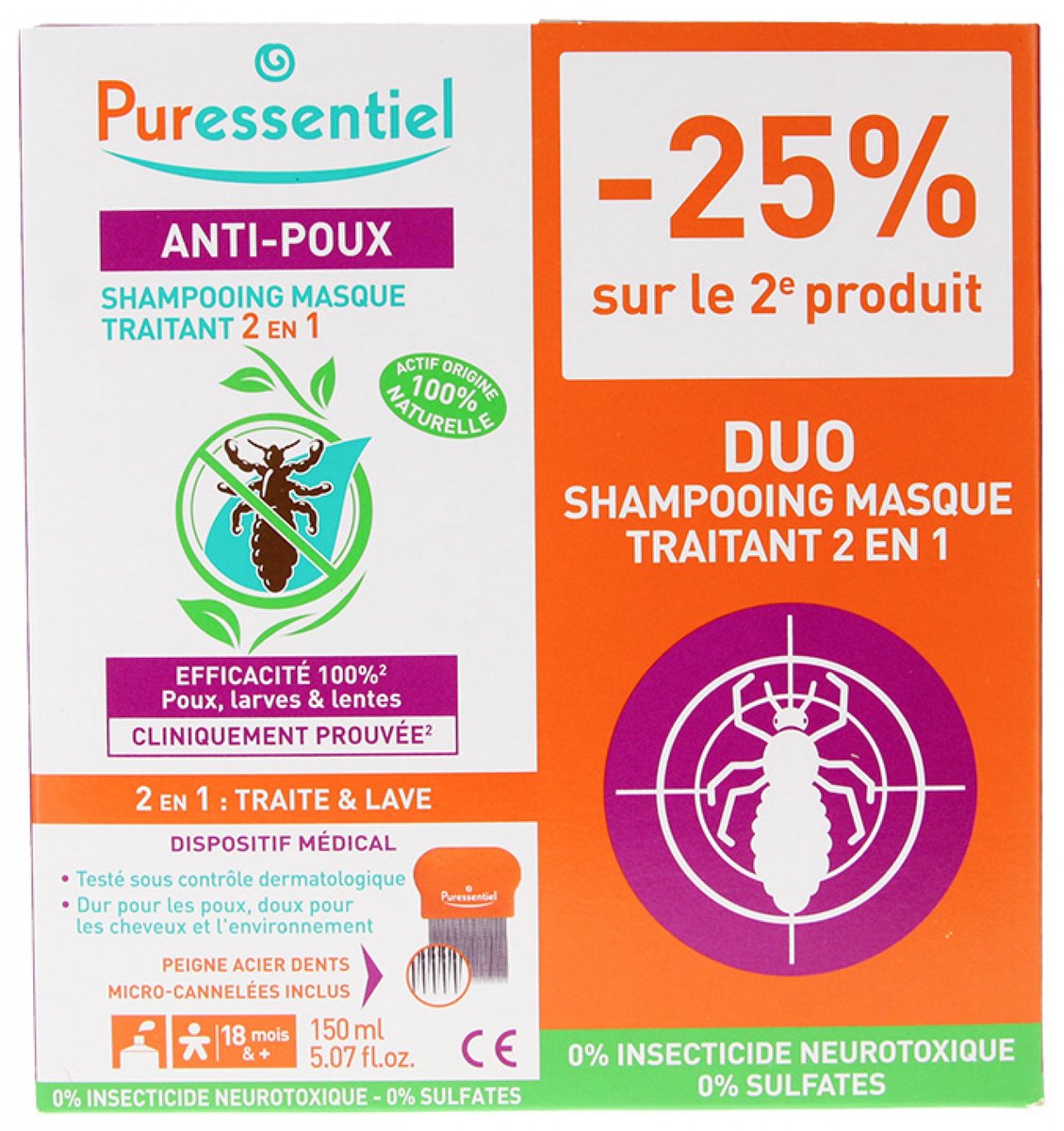 Puressentiel Anti-Läuse-2-in-1-Behandlungsshampoo und -Maske, 2er-Pack à 150 ml