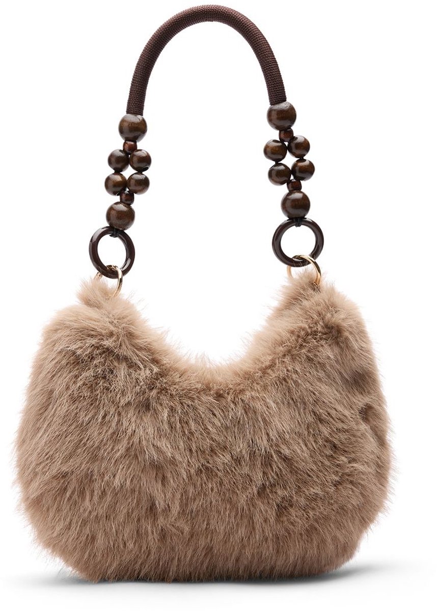 Taupe fur schoudertas met kralen