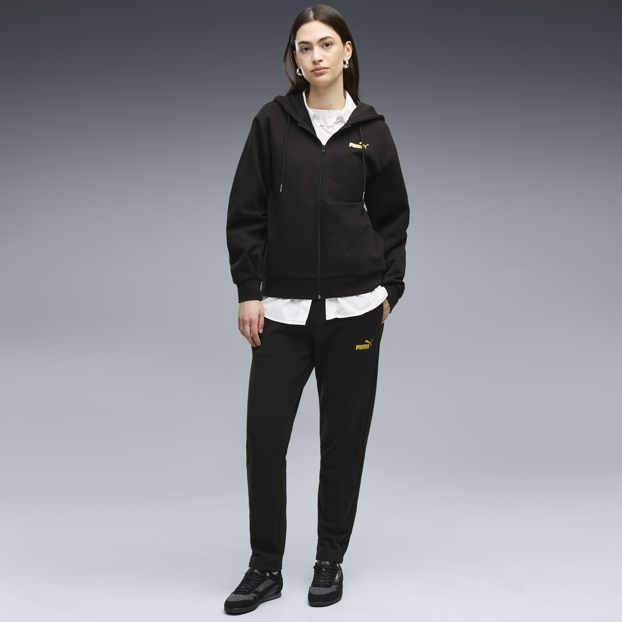 PUMA Metallisch Trainingsanzug mit Kapuze Damen, Kleidung, Schwarz, XL
