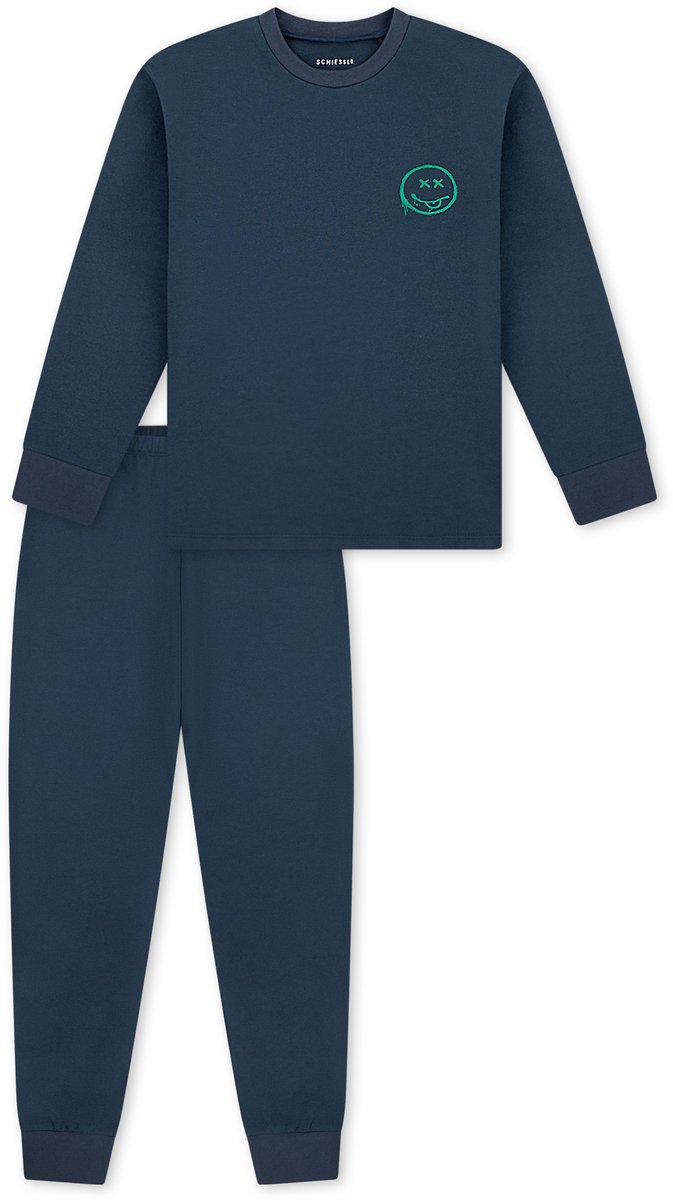 Schlafanzug lang Sweatware Bündchen Smiley deep blue - Nightwear 164