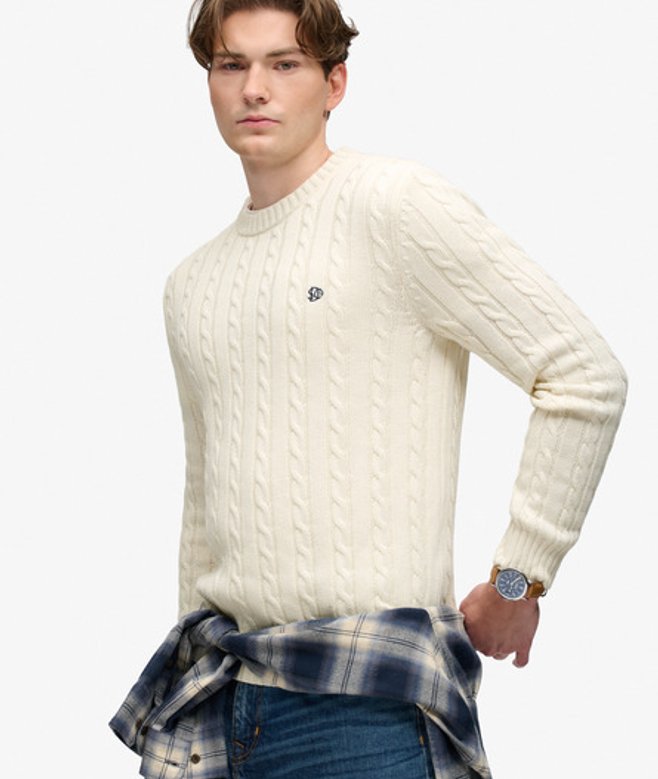 Superdry Herren Cable Knit Pullover mit Lockerer Passform Cream - Größe: Xxl