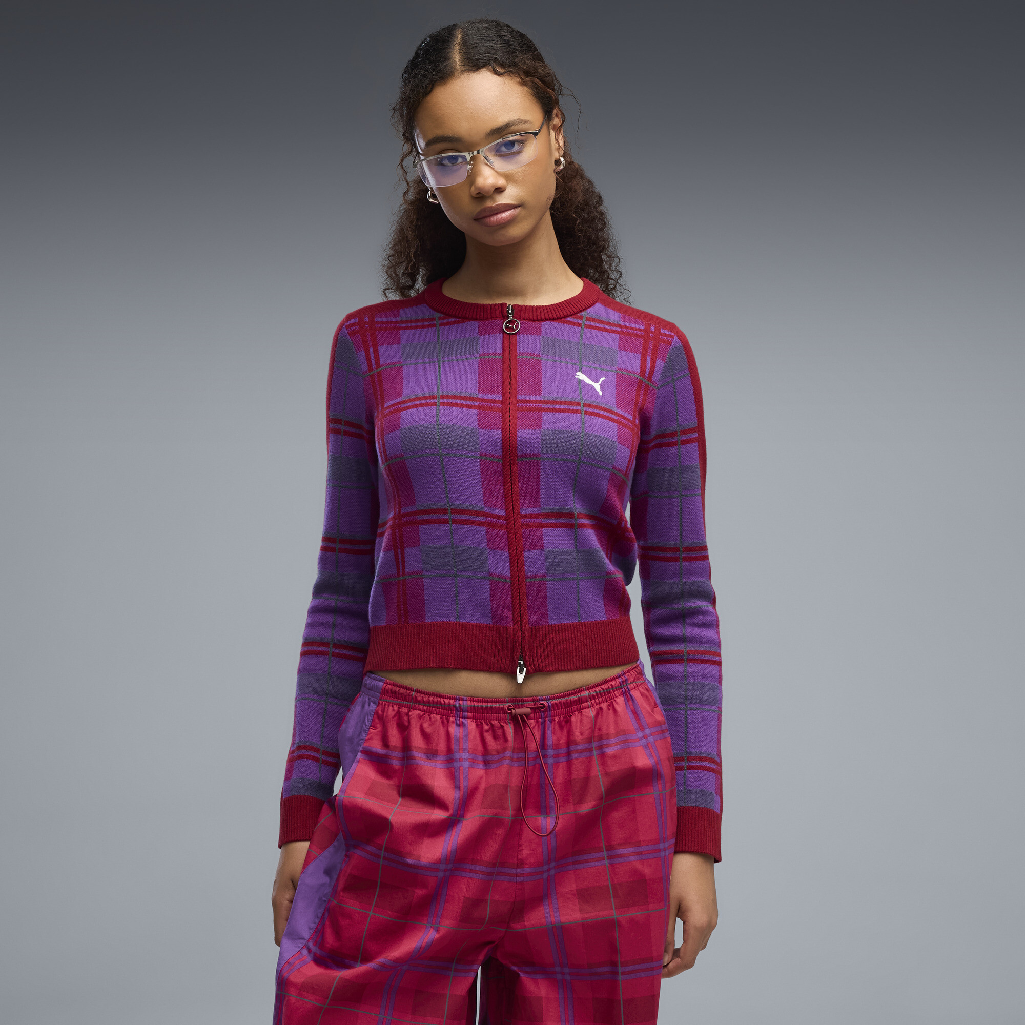 PUMA T7 Tartan Slim Strickjacke Damen, Kleidung, Rot, XS