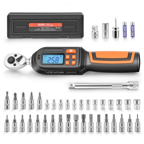 VEVOR Llave Dinamométrica 1/4" con Pantalla LCD Kit de Accesorios 42 Piezas, Precisión ±2%, 4 Unidades de Medida, con Puntas Barra de Extensión Adaptador, Herramienta de Mantenimiento Reparación Autos