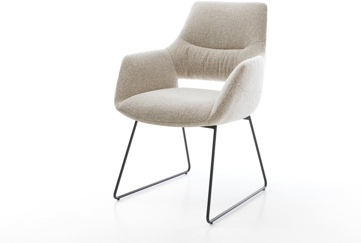Esszimmerstuhl Yago-Flex mit Armlehnen Webstoff Soft Beige Kufengestell Schwarz Taschenfederkern