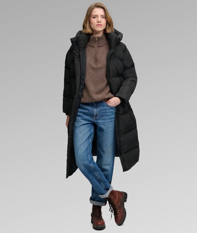 Superdry Damen Langer Steppmantel mit Kapuze Black - Größe: 46