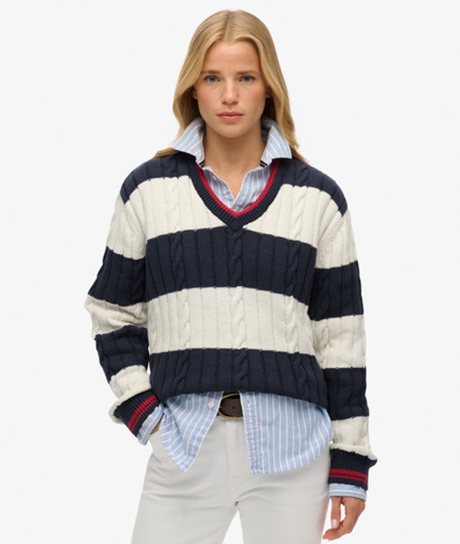 Superdry Damen Gestreifter übergröße-pullover mit Zopfmuster und V-ausschnitt Navy - Größe: 42