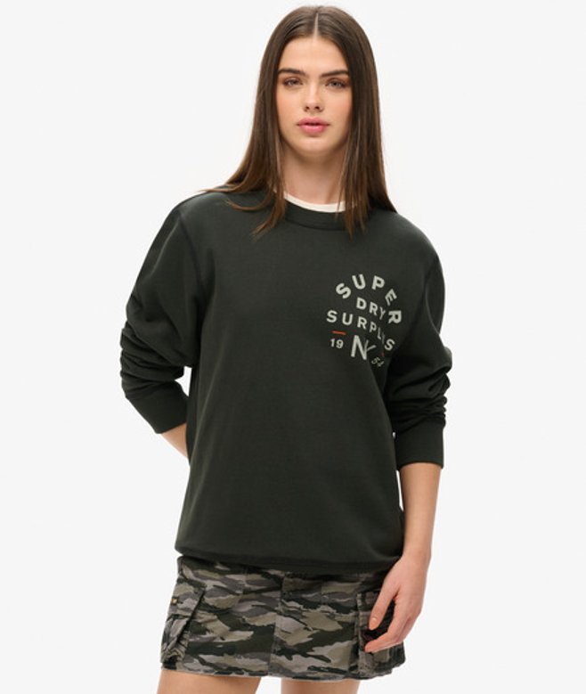 Superdry Damen OverGröße Surplus Sweatshirt mit Rundhalsausschnitt und Grafik Schwarz - Größe: L