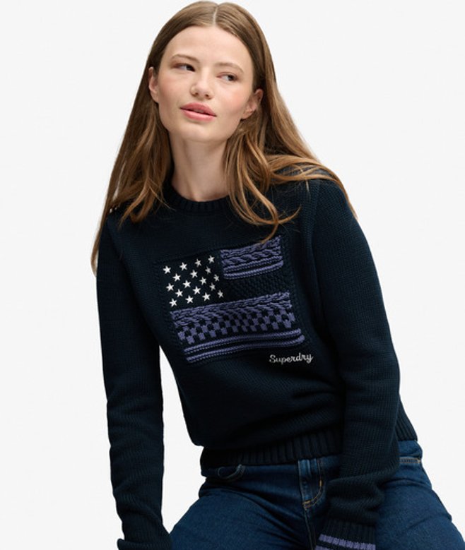 Superdry Damen Statement Cable Flag Strickpullover Lockere Passform Navy - Größe: 44