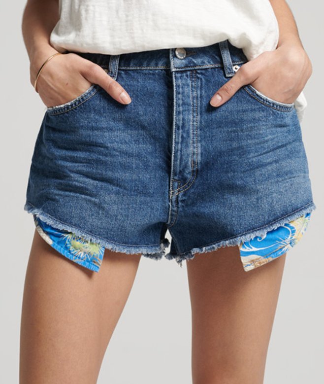 Superdry Damen Abgeschnittene Vintage Shorts mit Hohem Bund Blau - Größe: 36