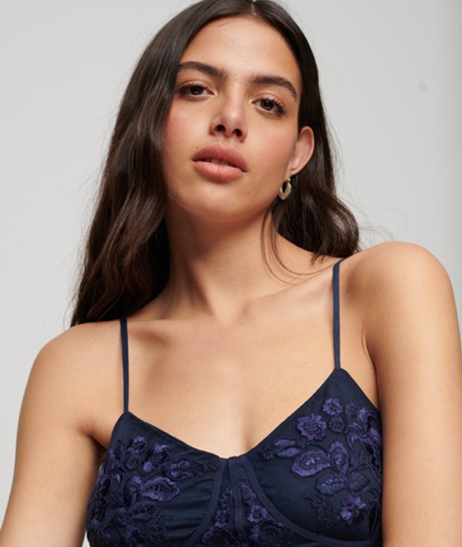 Superdry Damen Korsage-oberteil mit Blumenstickerei Marineblau - Größe: 40