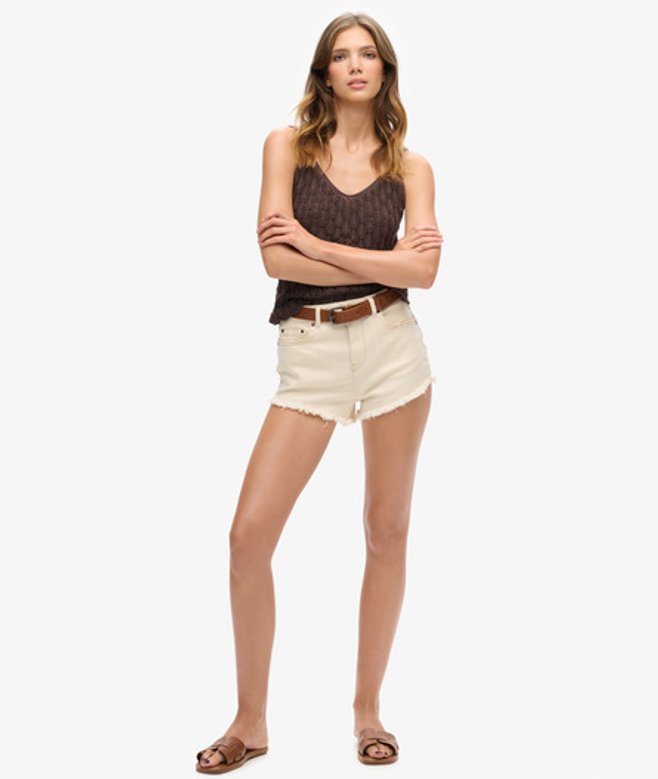 Superdry Damen Creme Cut Off Shorts, Größe: 34