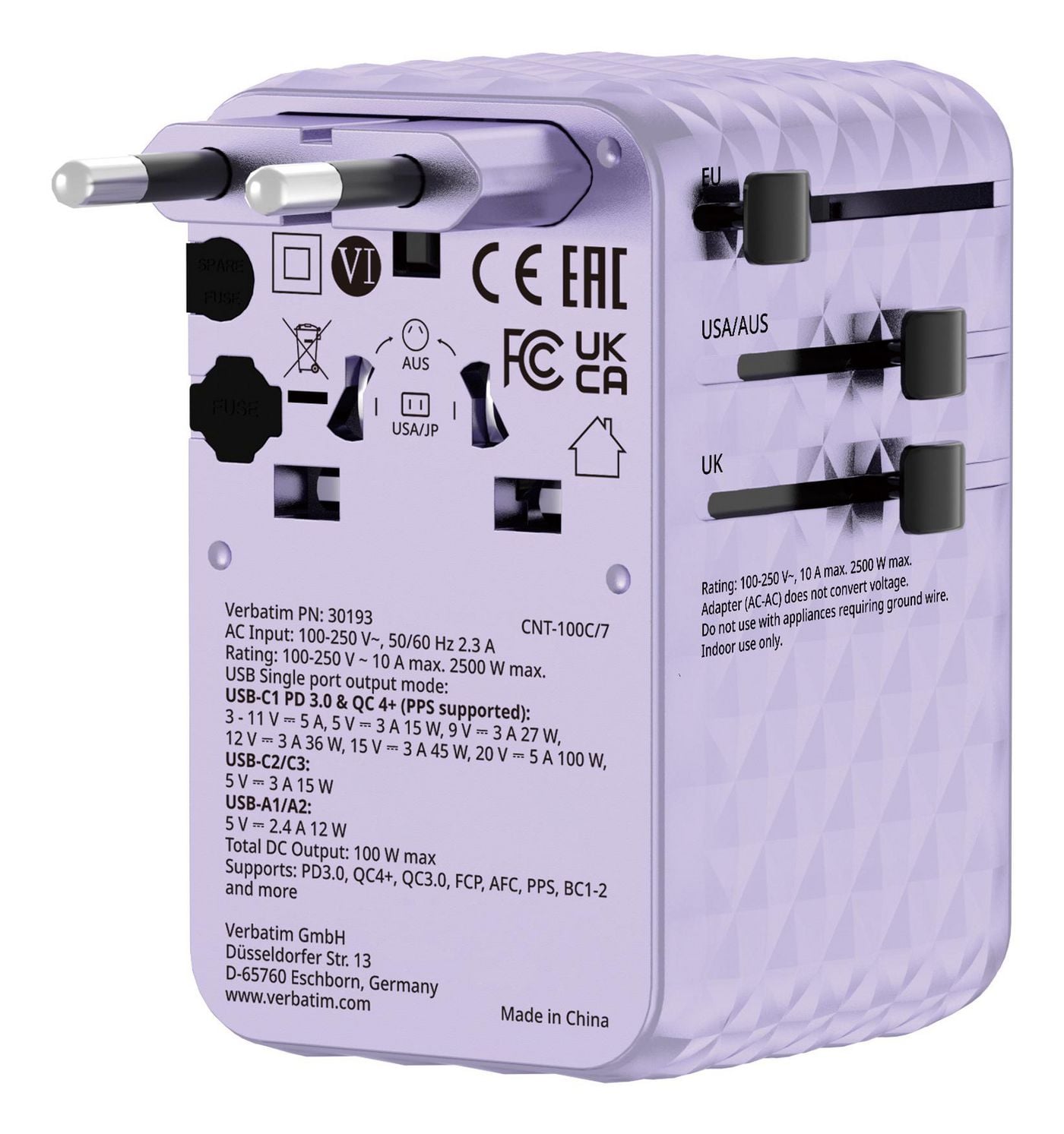 Verbatim - Charge 'n' Travel 100W Universal Travel Adapter with retractable cable Purple