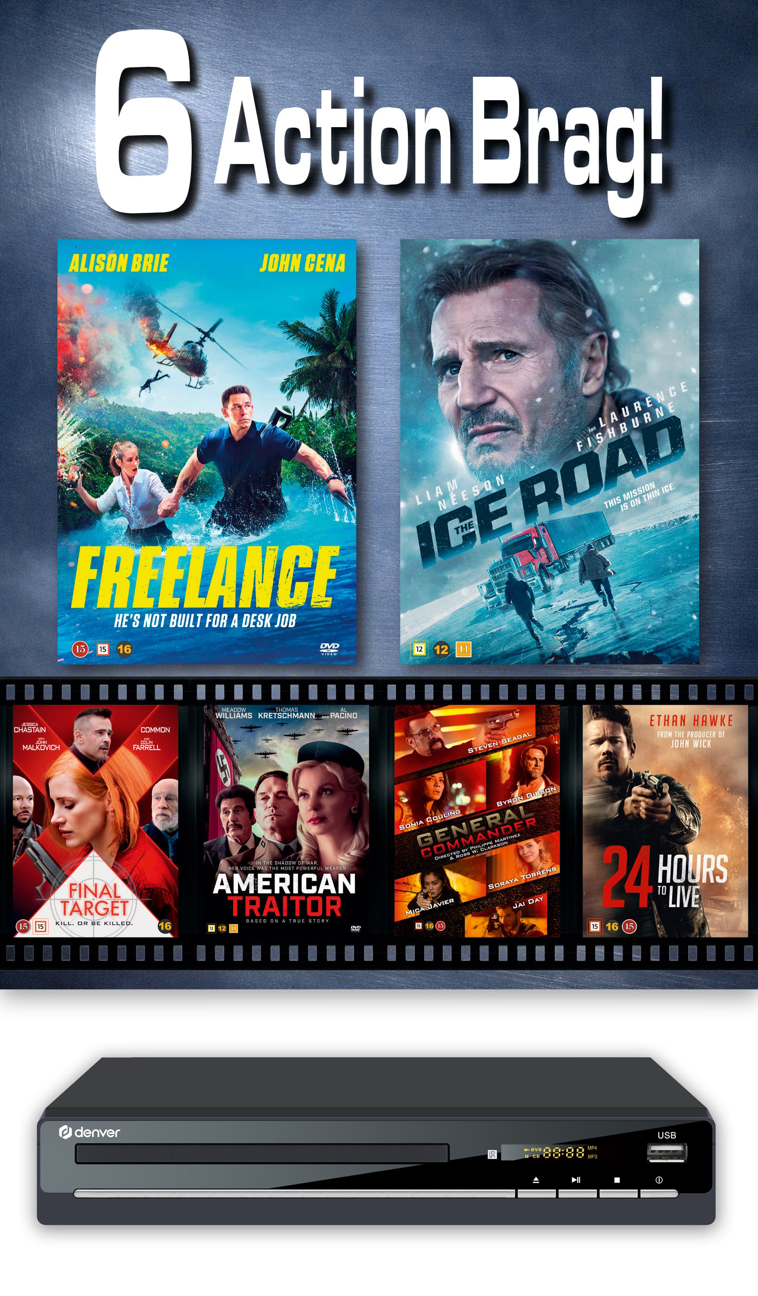 6 Action Movies & Denver DVD PLAYER  - (DVD)