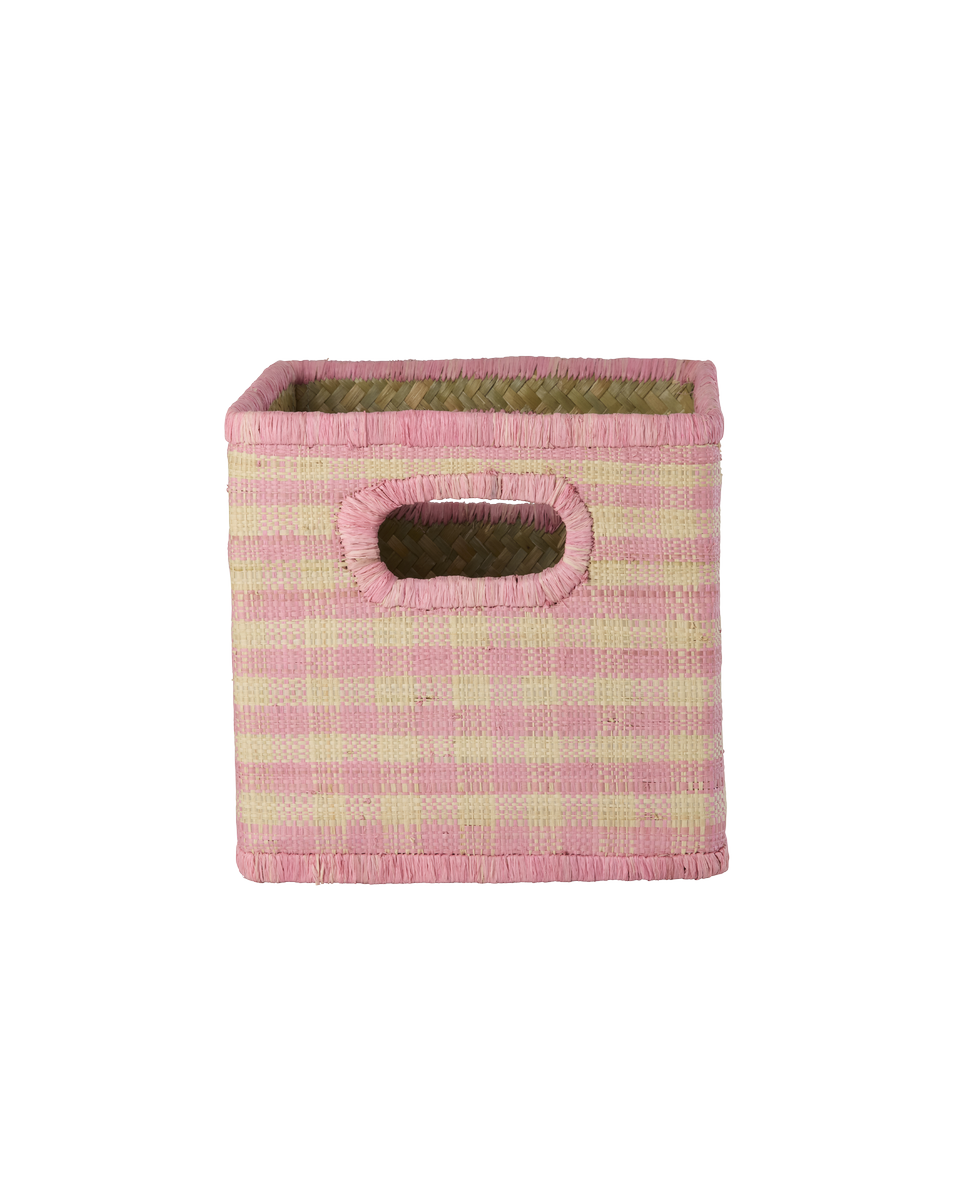 Rice - Raffia Square Basket with Handle Opening - Pink Checks - Small