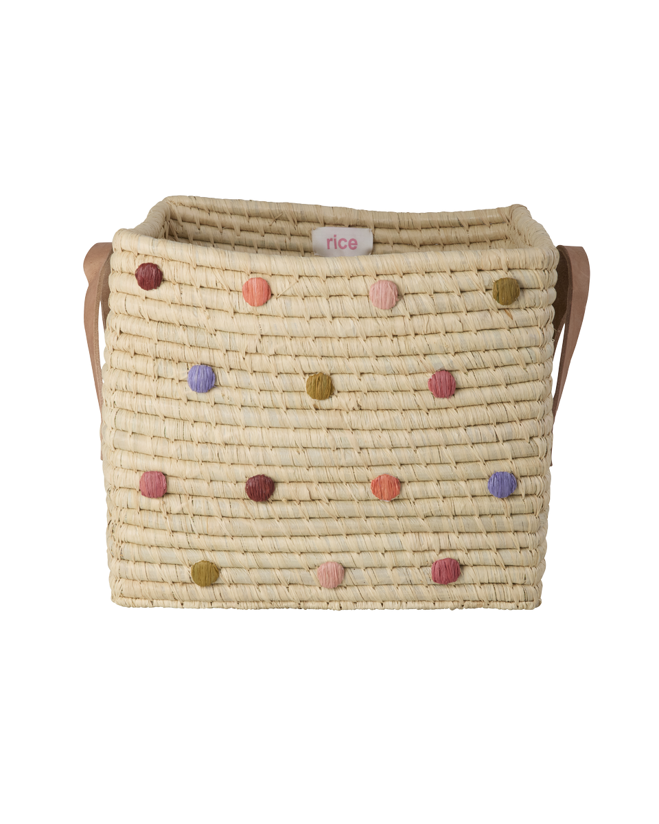 Rice - Raffia Square Basket with Dots and Leather Handles