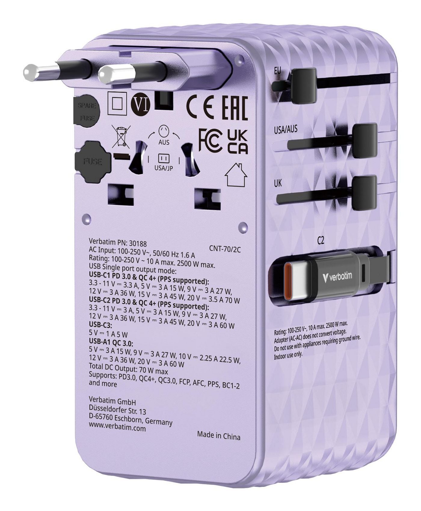 Verbatim - Charge 'n' Travel 70W 2C retractable Universal Travel Adapter Purple