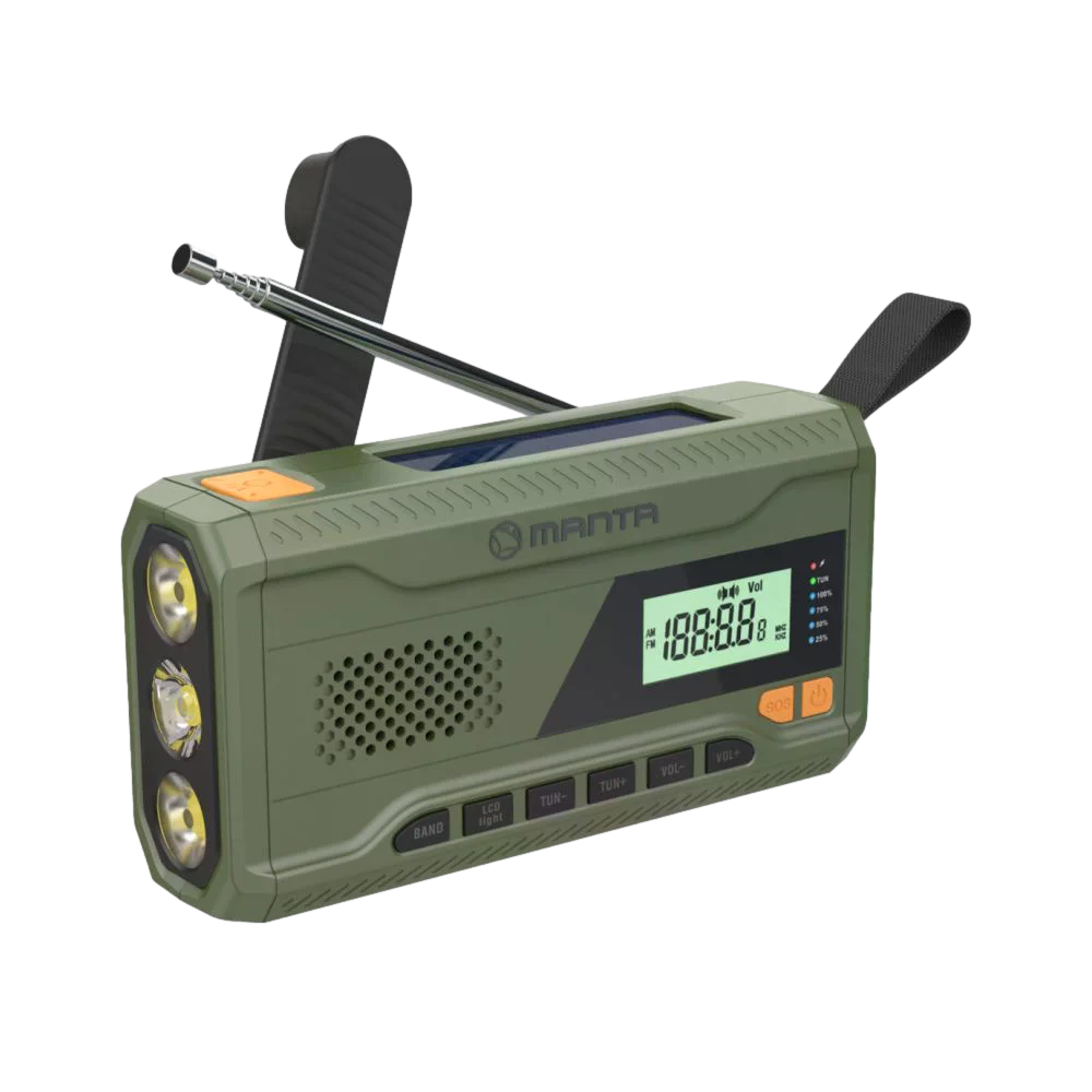 Manta - Tragbares Notfall-FM-Radio mit Kurbel, Solar-Powerbank, Taschenlampe