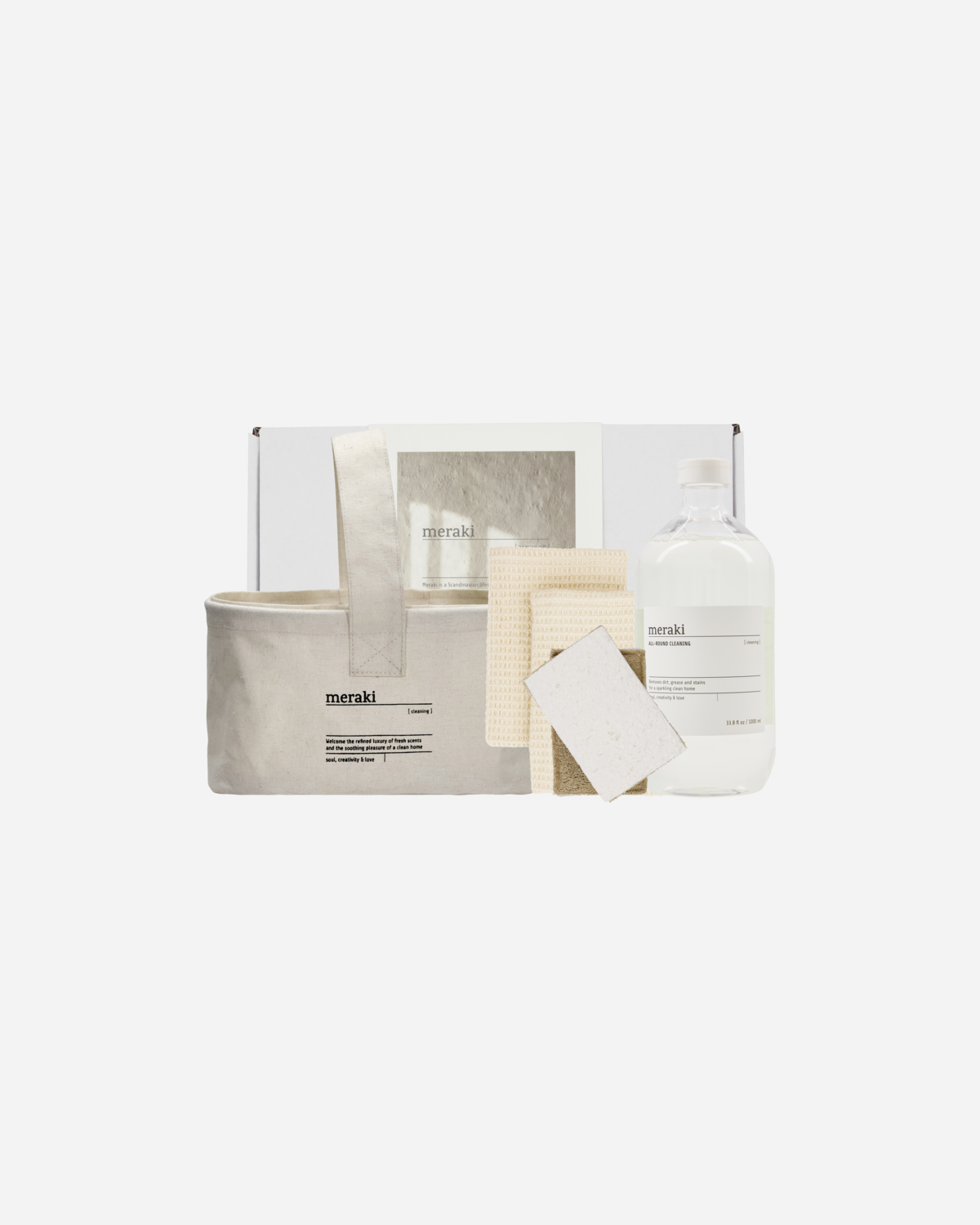 Meraki - Gift Box with Basket, Dish Cloth, Sponge & All-Round Cleaner - Beige/White - 1000 ml, 32x23x13.5 cm